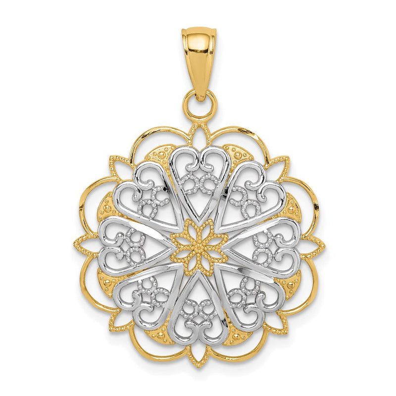 14K Gelb- und Rhodiumgold-Anhänger mit Rhodium-Filigran-Herzen und gewelltem Rand