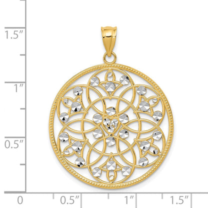 14 Karat Gelbgold und Rhodium mit Rhodiumbeschichtung, Diamant-Kreisanhänger mit Diamantschliff