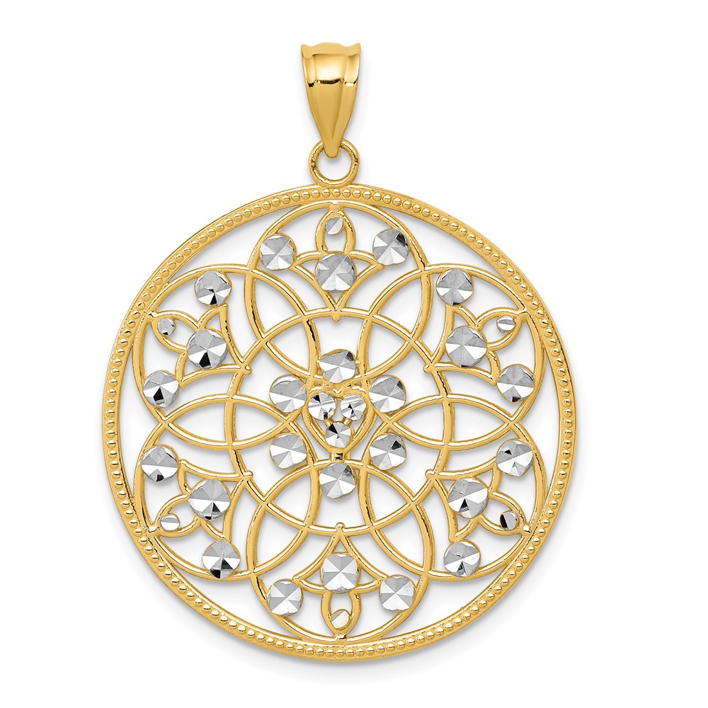 14 Karat Gelbgold und Rhodium mit Rhodiumbeschichtung, Diamant-Kreisanhänger mit Diamantschliff