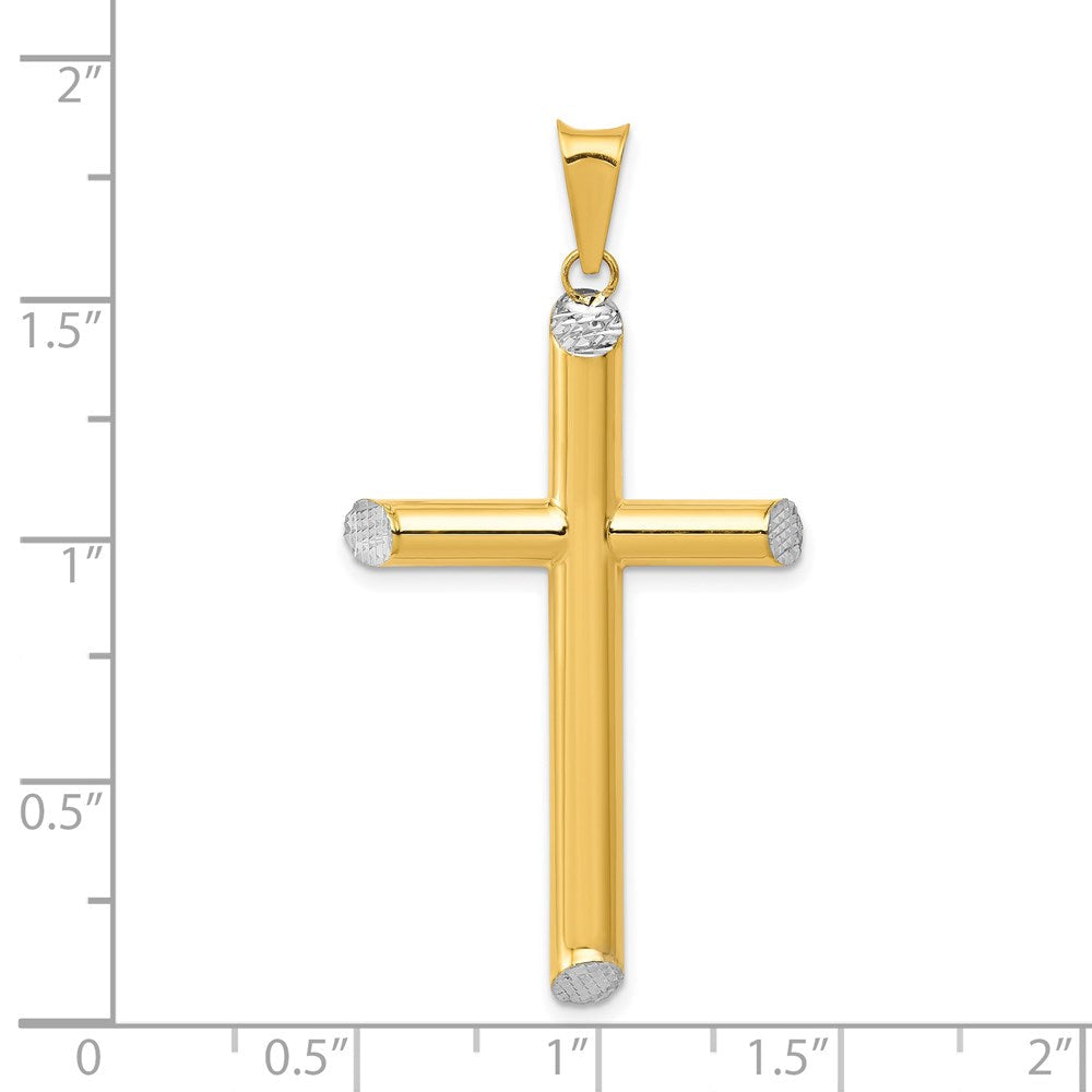 14K Gelb & Rhodium mit Rhodium 3-d Hohl Diamantiert Kreuz Anhänger