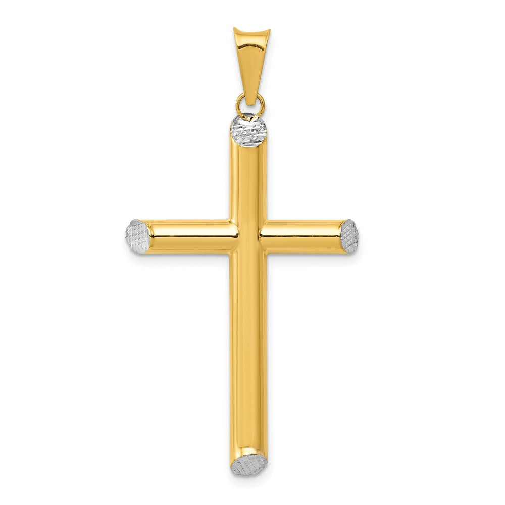 14K Gelb & Rhodium mit Rhodium 3-d Hohl Diamantiert Kreuz Anhänger