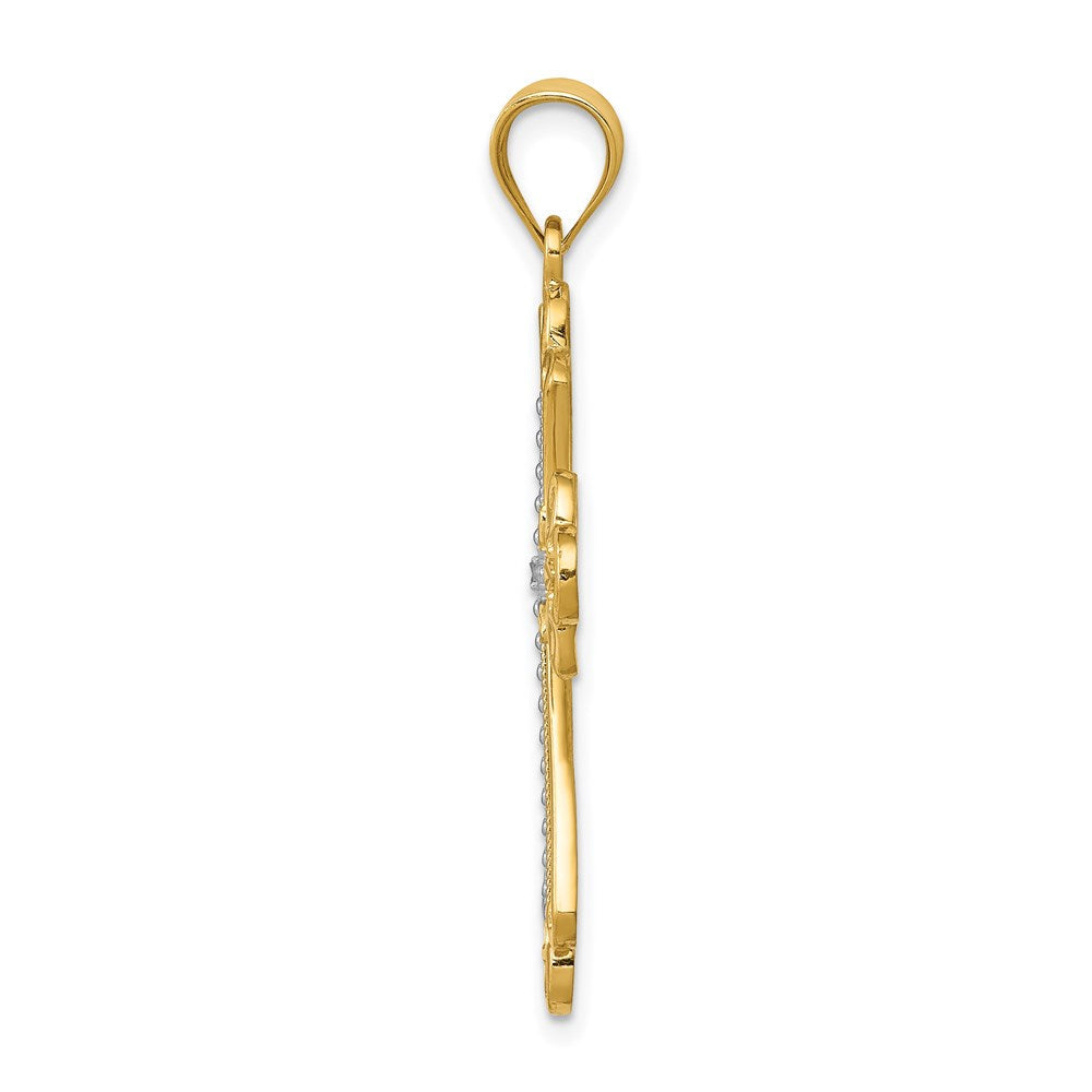 14K Gelbgold mit Rhodium, budenverzierter Kreuzanhänger mit Rhodium** Alternative, natürlicher formuliert: **Kreuzanhänger mit Knospenverzierung aus 14K Gelbgold mit Rhodium