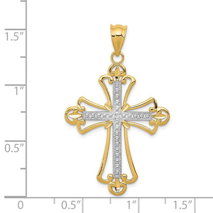14K Gelbgold mit Rhodium, budenverzierter Kreuzanhänger mit Rhodium** Alternative, natürlicher formuliert: **Kreuzanhänger mit Knospenverzierung aus 14K Gelbgold mit Rhodium