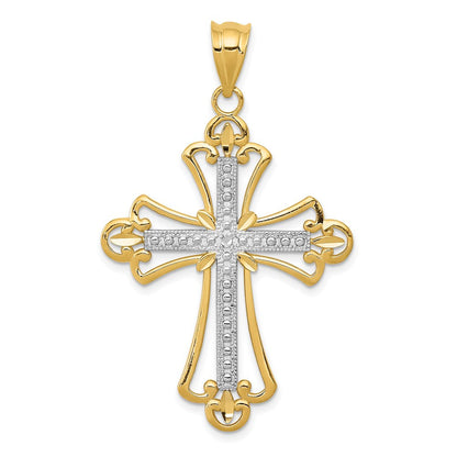 14K Gelbgold mit Rhodium, budenverzierter Kreuzanhänger mit Rhodium** Alternative, natürlicher formuliert: **Kreuzanhänger mit Knospenverzierung aus 14K Gelbgold mit Rhodium