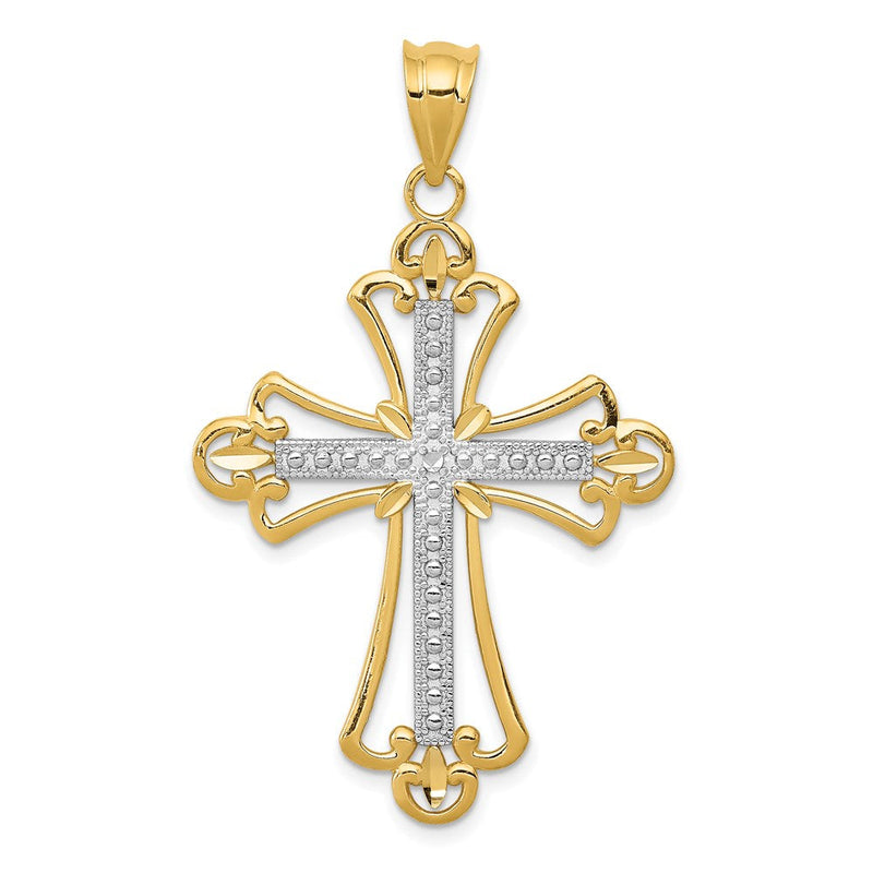 14K Gelbgold mit Rhodium, budenverzierter Kreuzanhänger mit Rhodium** Alternative, natürlicher formuliert: **Kreuzanhänger mit Knospenverzierung aus 14K Gelbgold mit Rhodium
