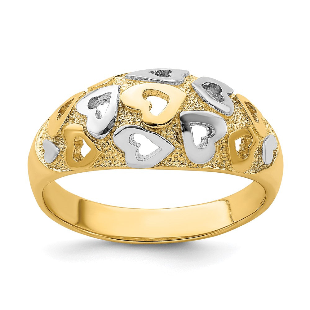 14K Gelbgold und Rhodium Herzen-Dome-Ring