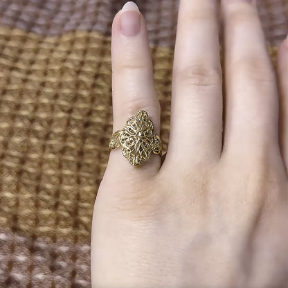 14K Gelbgold Ring mit echtem Diamantschliff und Filigranmuster