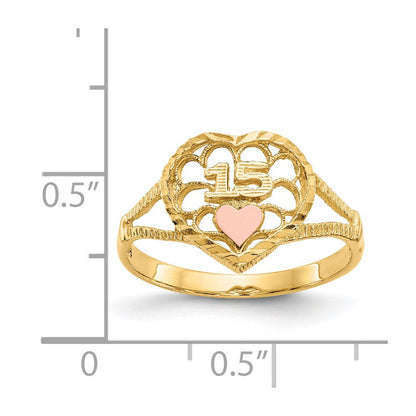 14K Bicolor-Gold Ring mit echtem Diamant, Herz-Schliff, 15 Steine