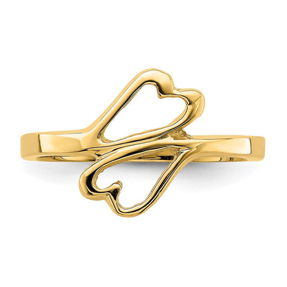 14K Gelbgold Ring mit doppelten Herzen, hochglanzpoliert