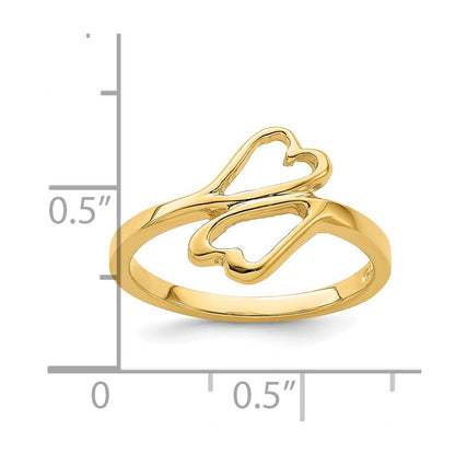 14K Gelbgold Ring mit doppelten Herzen, hochglanzpoliert