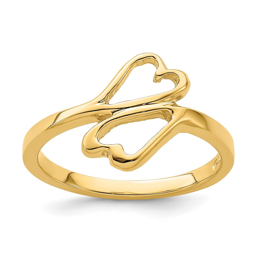 14K Gelbgold Ring mit doppelten Herzen, hochglanzpoliert