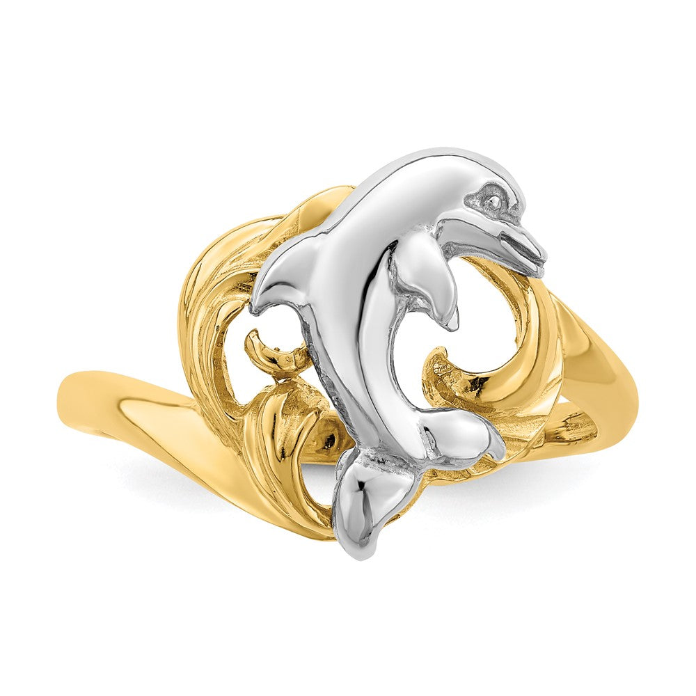 14K Bicolor Gold Ring mit Delfin- und Wellenmotiv
