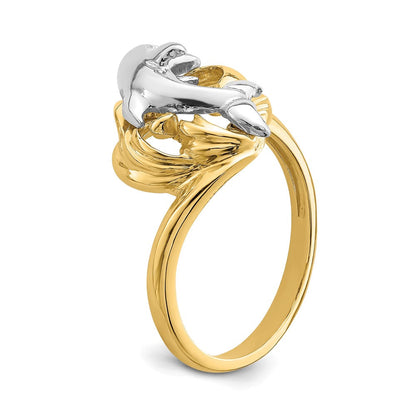 14K Bicolor Gold Ring mit Delfin- und Wellenmotiv