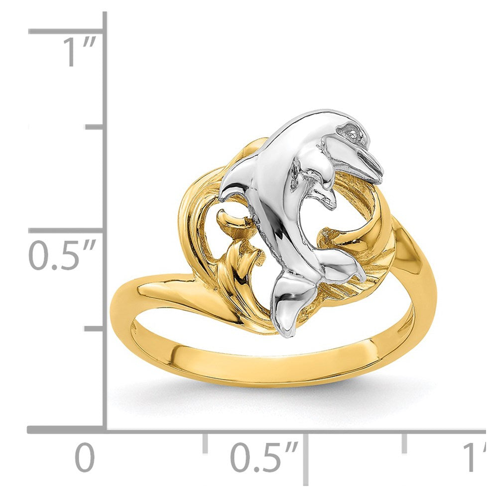 14K Bicolor Gold Ring mit Delfin- und Wellenmotiv