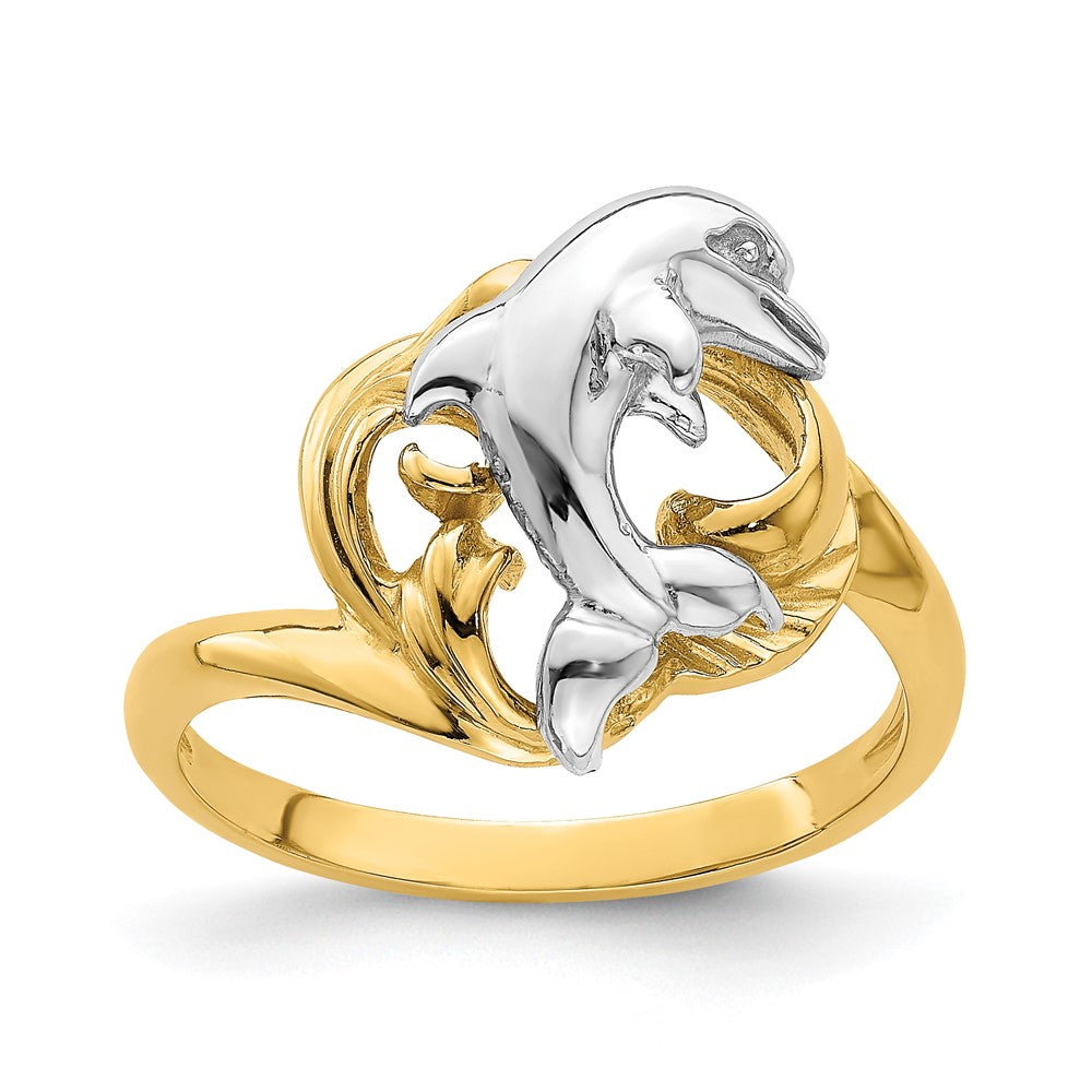 14K Bicolor Gold Ring mit Delfin- und Wellenmotiv