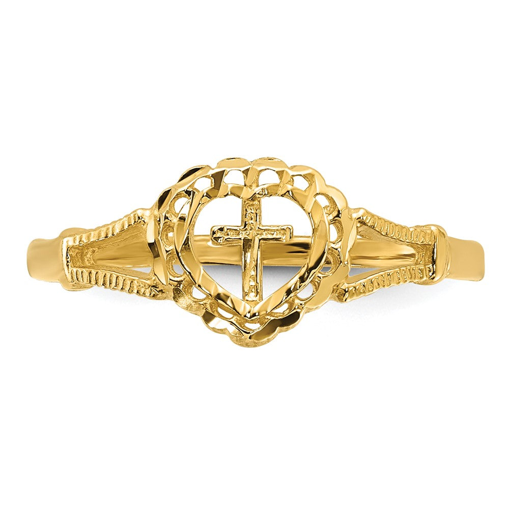 14K Gelbgold Ring mit Diamantschliff, Herz und Kreuz für Kinder