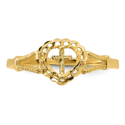 14K Gelbgold Ring mit Diamantschliff, Herz und Kreuz für Kinder