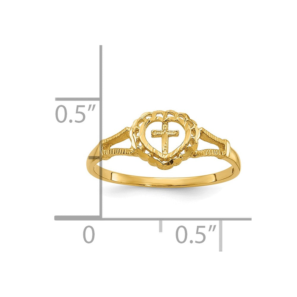 14K Gelbgold Ring mit Diamantschliff, Herz und Kreuz für Kinder