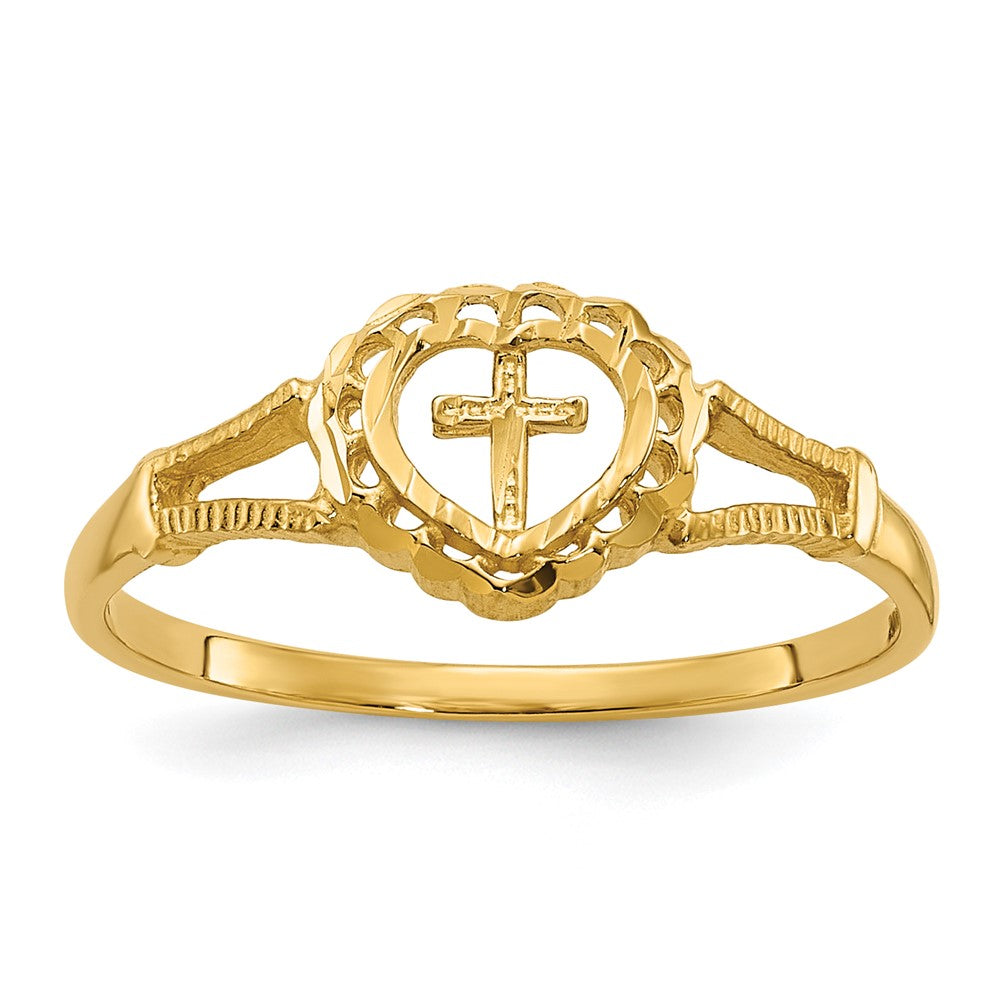 14K Gelbgold Ring mit Diamantschliff, Herz und Kreuz für Kinder