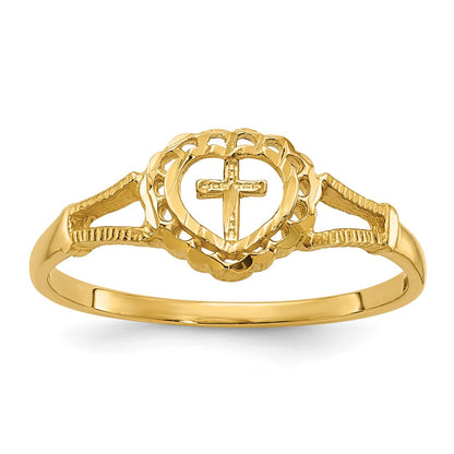 14K Gelbgold Ring mit Diamantschliff, Herz und Kreuz für Kinder