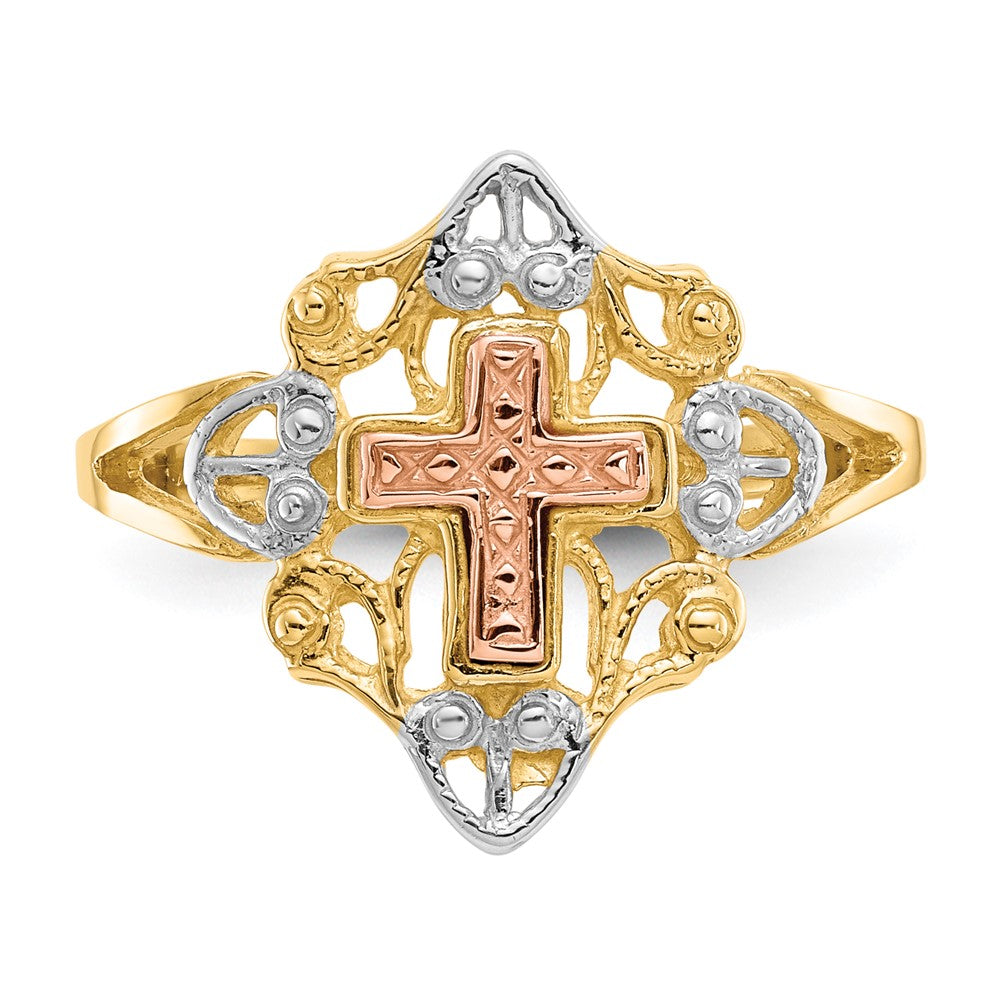 14K Zweifarbiger Gold-Kreuzring mit Weißrhodinium