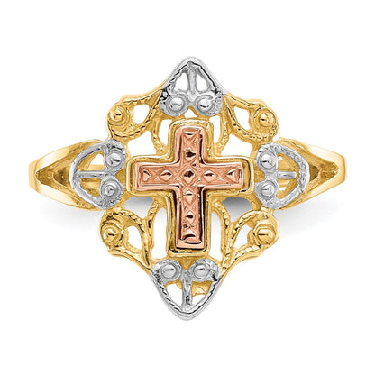 14K Zweifarbiger Gold-Kreuzring mit Weißrhodinium