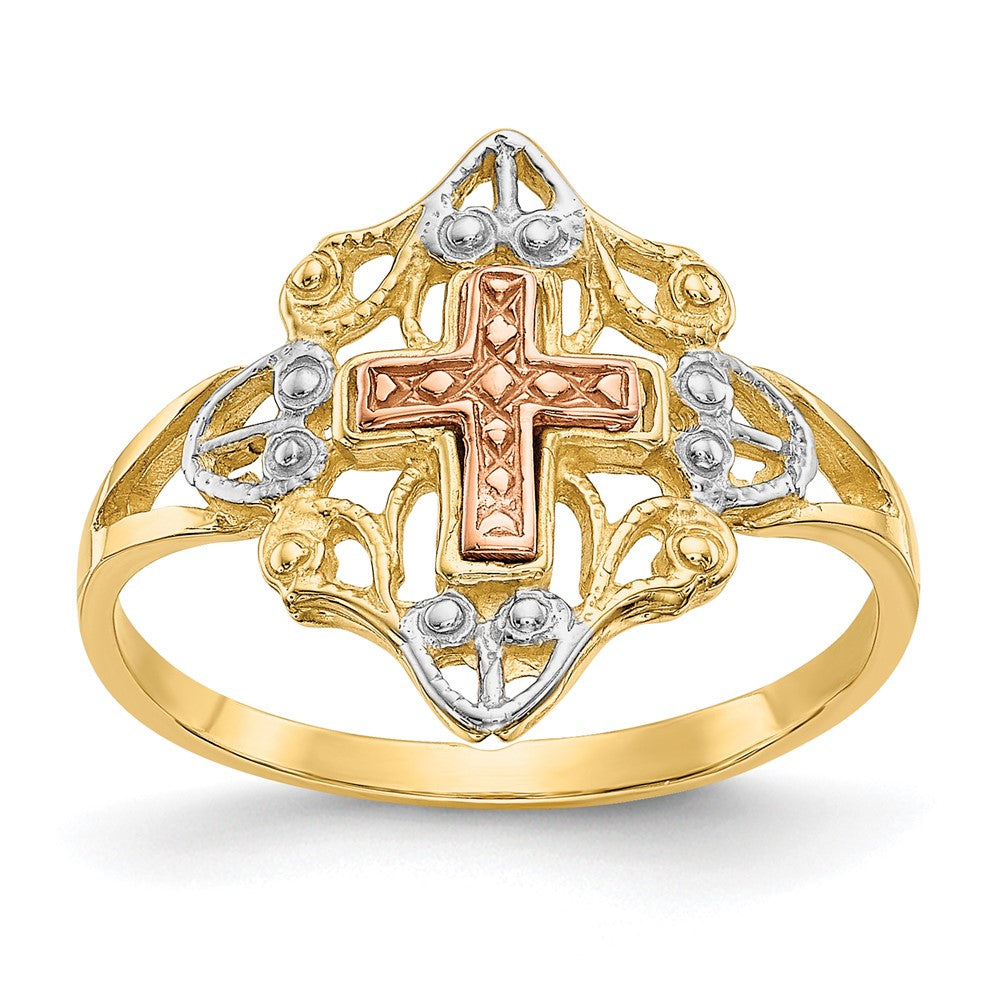 14K Zweifarbiger Gold-Kreuzring mit Weißrhodinium