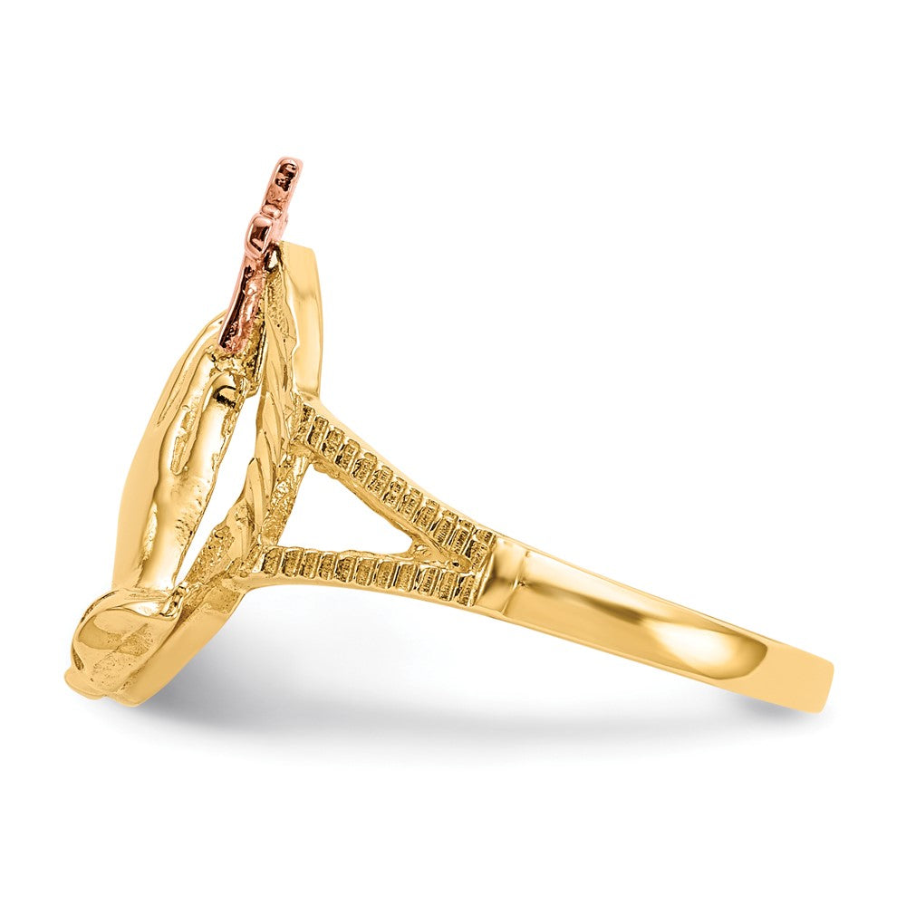 14K Bicolor-Gold Ring mit Kreuz mit betenden Händen und echtem Diamantschliff