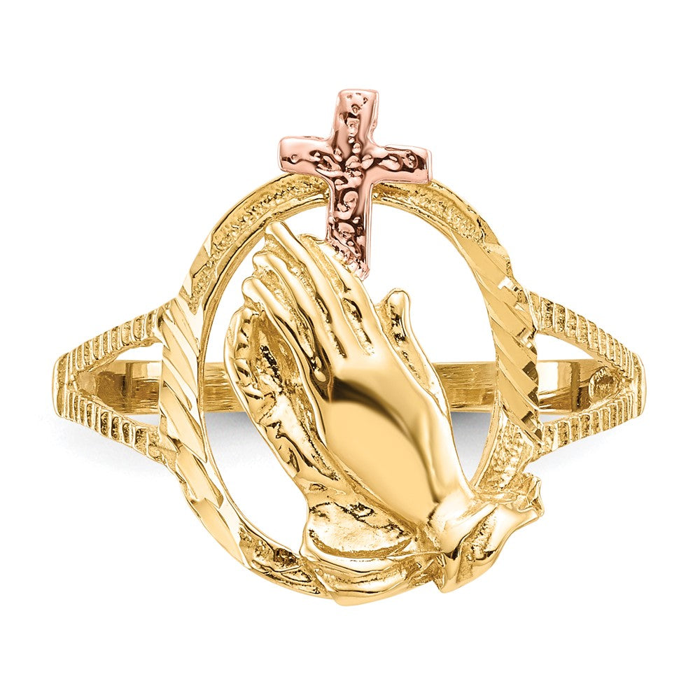 14K Bicolor-Gold Ring mit Kreuz mit betenden Händen und echtem Diamantschliff