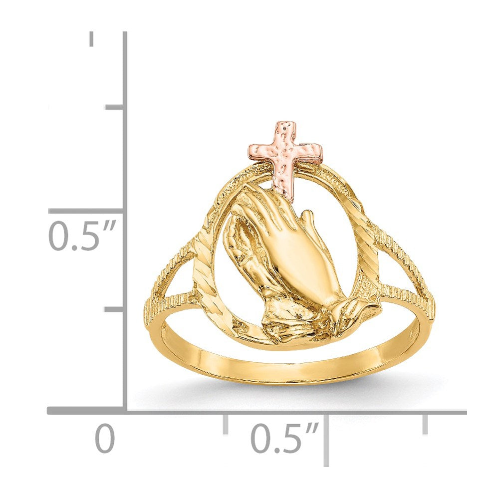14K Bicolor-Gold Ring mit Kreuz mit betenden Händen und echtem Diamantschliff
