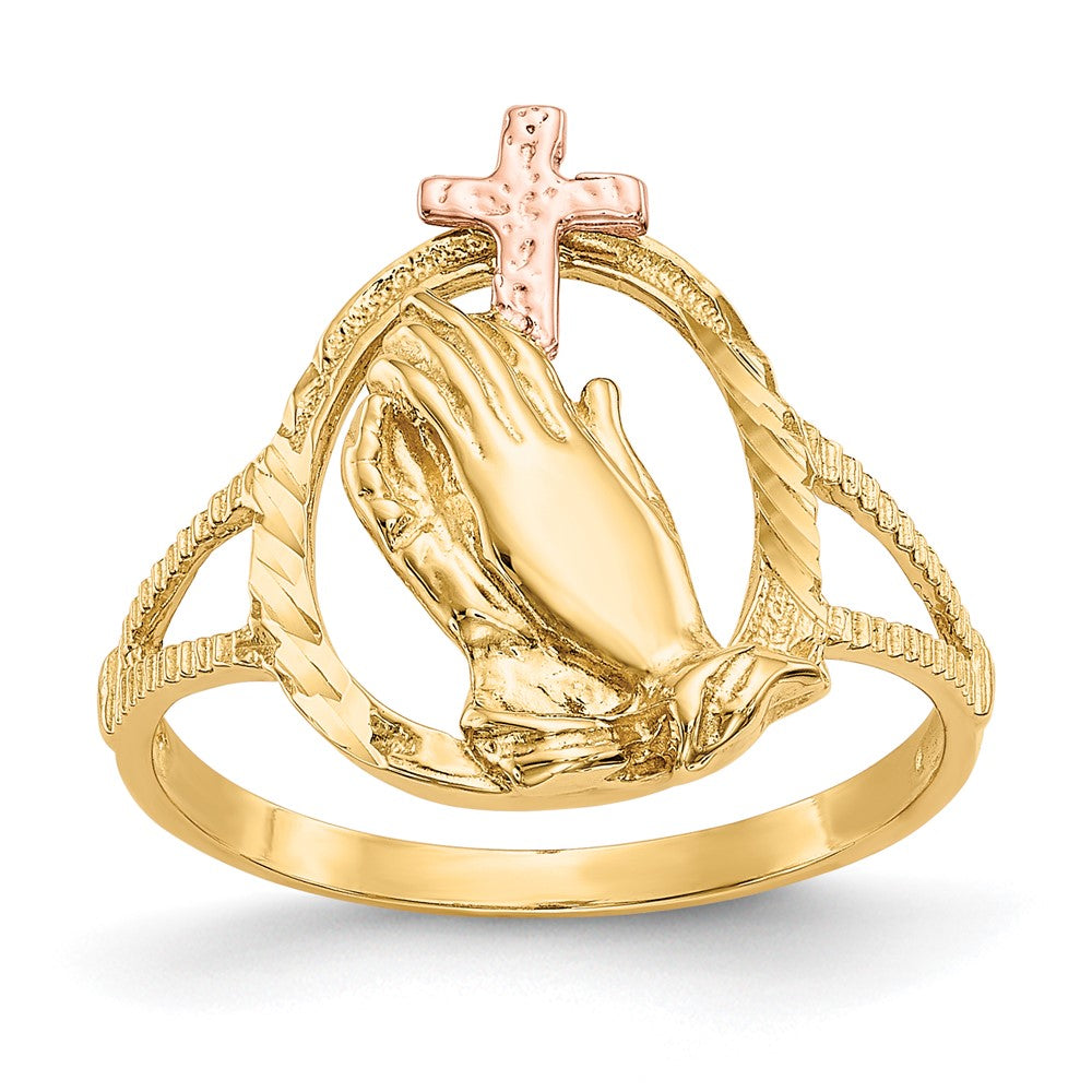 14K Bicolor-Gold Ring mit Kreuz mit betenden Händen und echtem Diamantschliff