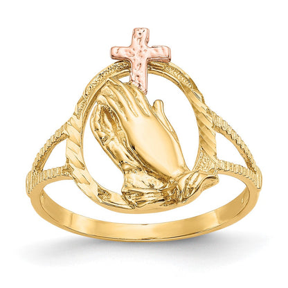 14K Bicolor-Gold Ring mit Kreuz mit betenden Händen und echtem Diamantschliff