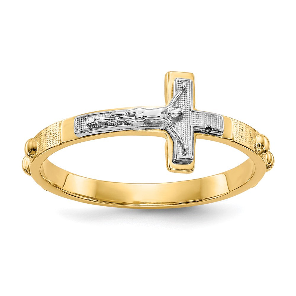 14K Zweifarbiges Gold Kruzifix-Rosenkranz-Ring