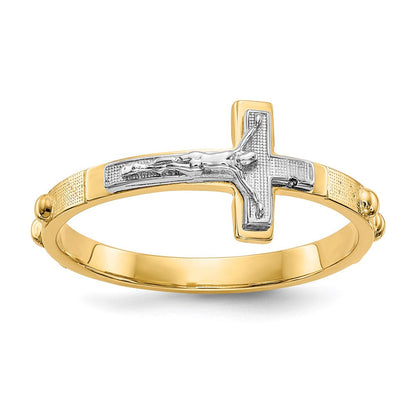 14K Zweifarbiges Gold Kruzifix-Rosenkranz-Ring