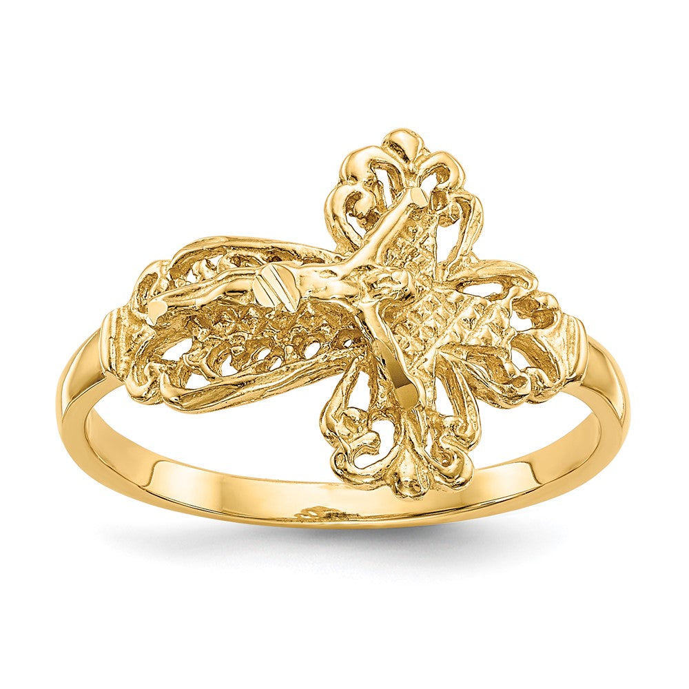 14K Gelbgold Kreuz-Ring mit echten Diamantschliff-Details