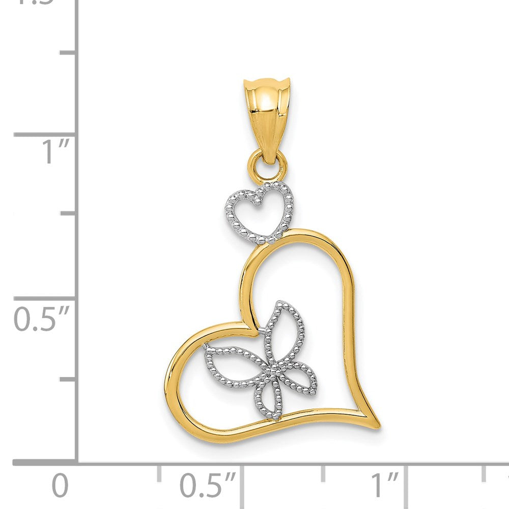 14K Gelb & Rhodium und Weiß Schmetterling in Herz Anhänger