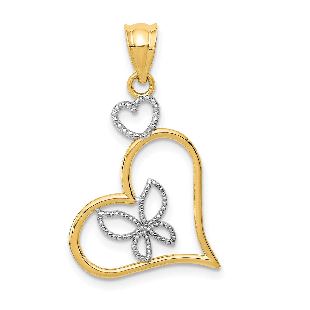 14K Gelb & Rhodium und Weiß Schmetterling in Herz Anhänger
