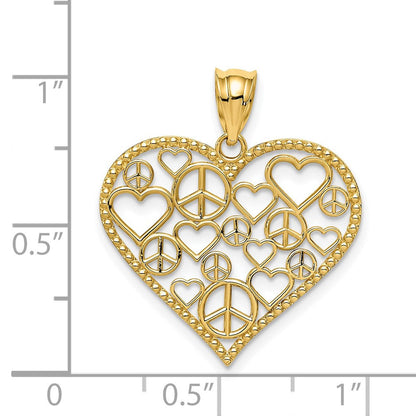 14K Gelbgold Poliert Herzen und Frieden Signs in Herz Anhänger