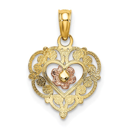 14K Bicolor Poliert Blume in Fantasie Rand Herz Anhänger