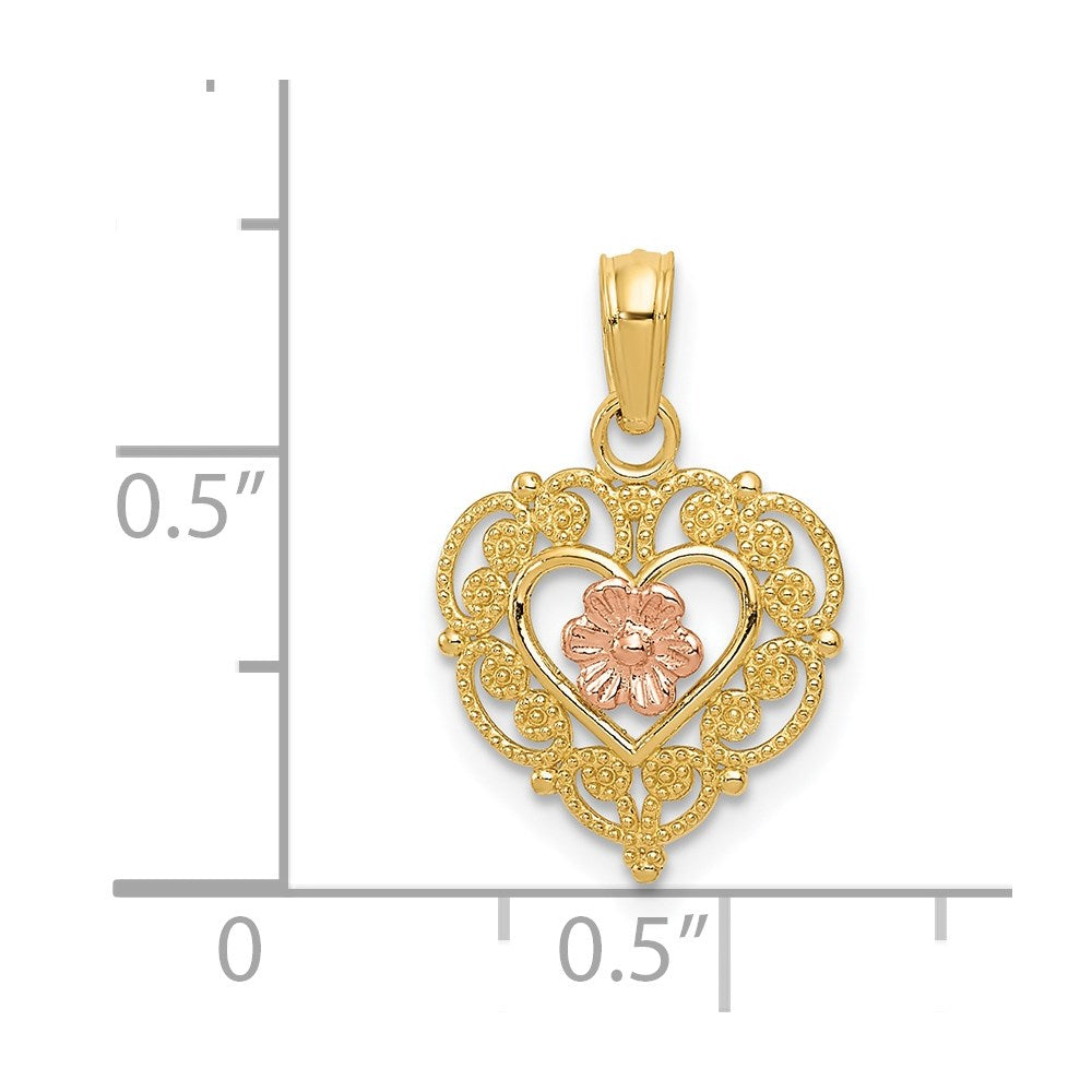 14K Bicolor Poliert Blume in Fantasie Rand Herz Anhänger