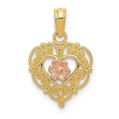 14K Bicolor Poliert Blume in Fantasie Rand Herz Anhänger