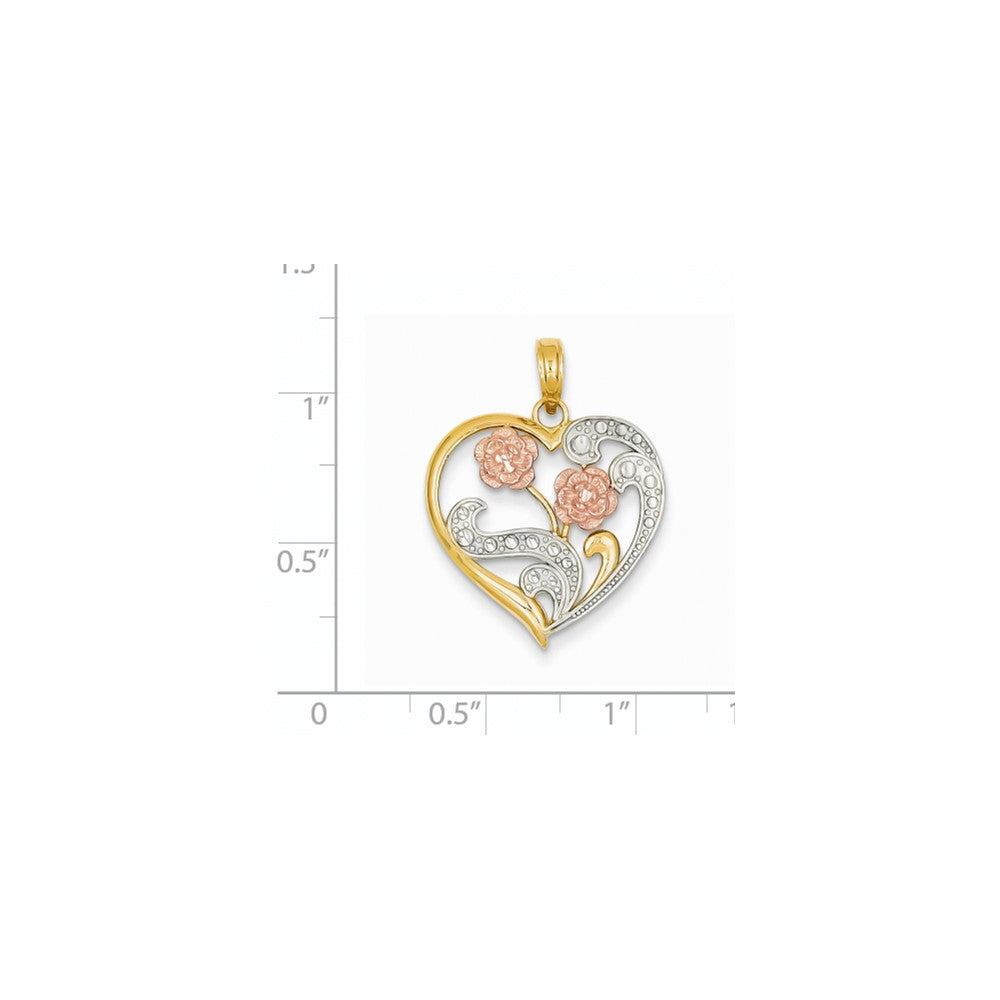 14k Bicolor-Gold & Rhodium Blumen auf ausgeschnittenem Herzanhänger