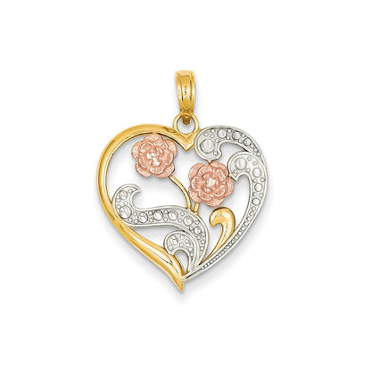 14k Bicolor-Gold & Rhodium Blumen auf ausgeschnittenem Herzanhänger