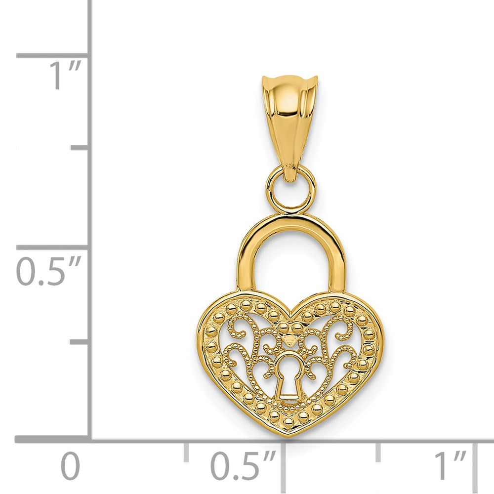 14K Gelbgold Poliert Filigran Herz Schloss Charm