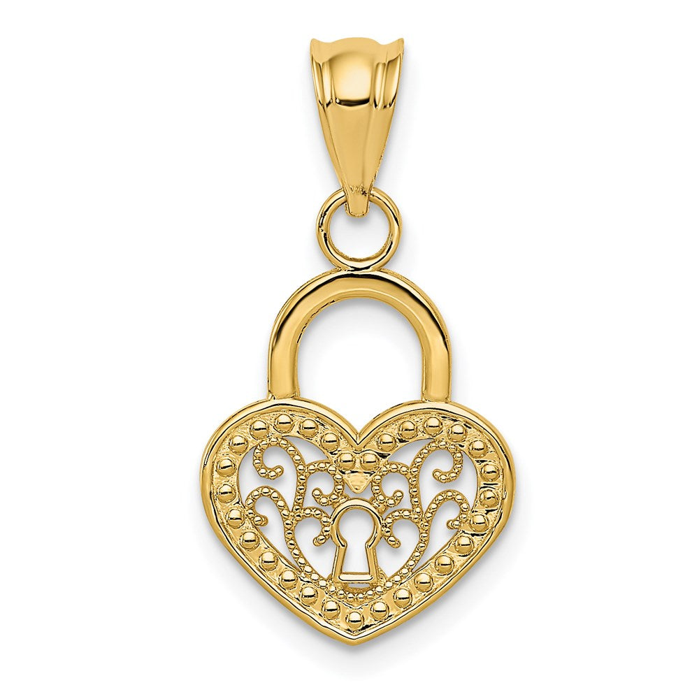 14K Gelbgold Poliert Filigran Herz Schloss Charm