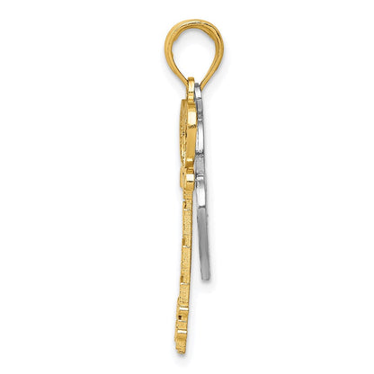 14K Gelb- und Rhodiumgold mit Weißrhodium beweglicher Filigran-Herz-Schlüssel-und-Schloss-Charm