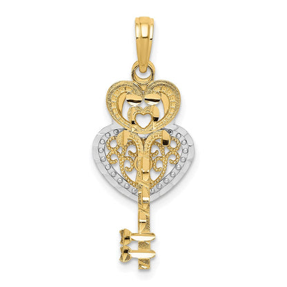 14K Gelb- und Rhodiumgold mit Weißrhodium beweglicher Filigran-Herz-Schlüssel-und-Schloss-Charm