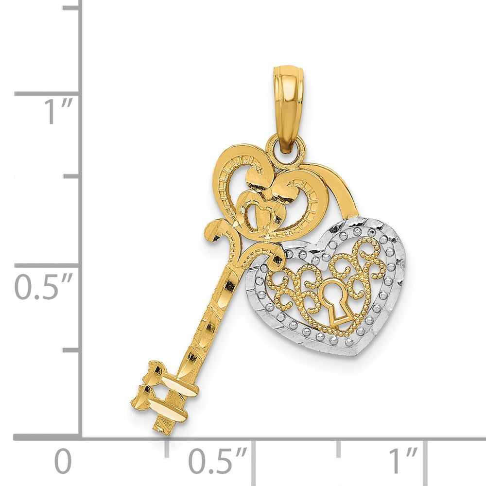 14K Gelb- und Rhodiumgold mit Weißrhodium beweglicher Filigran-Herz-Schlüssel-und-Schloss-Charm