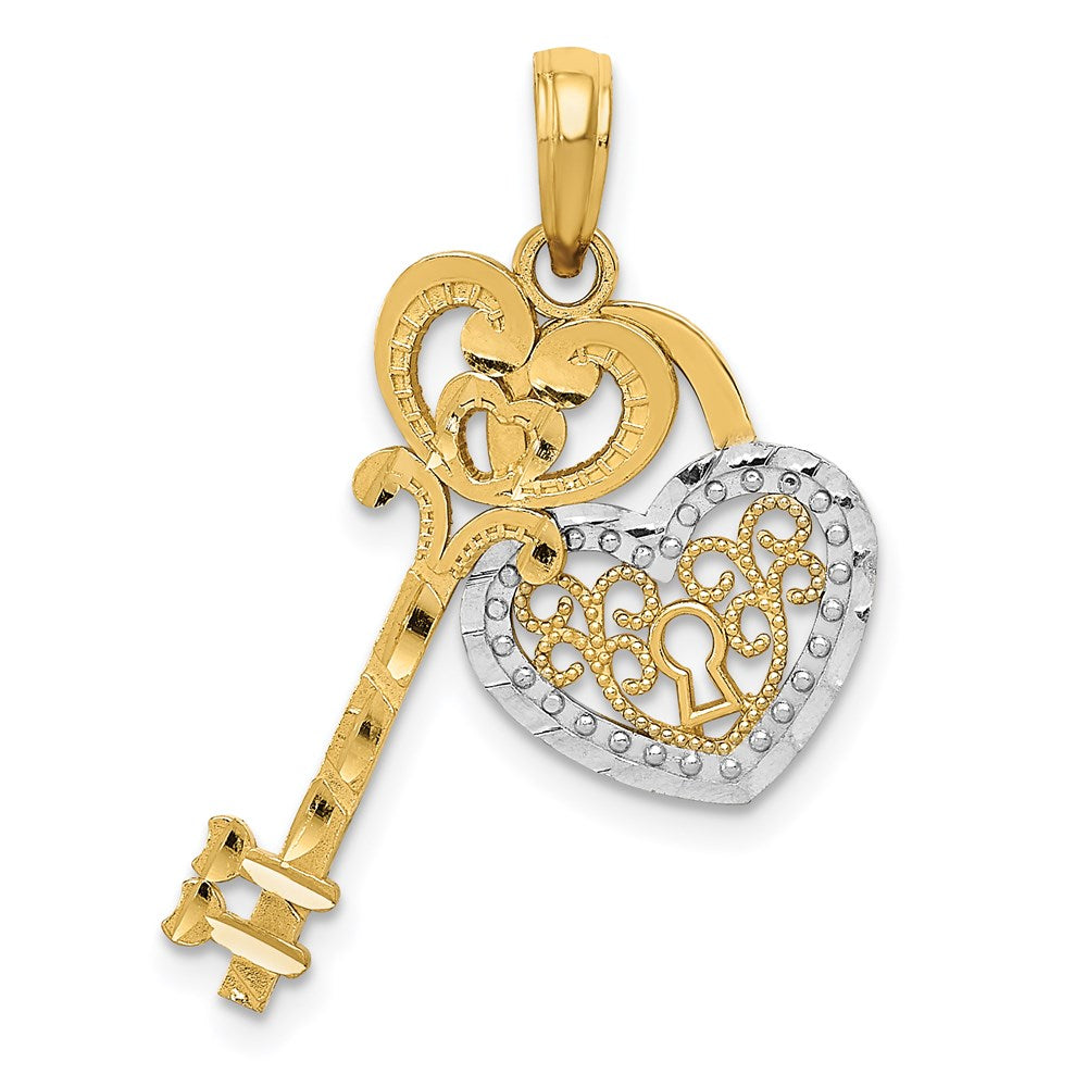 14K Gelb- und Rhodiumgold mit Weißrhodium beweglicher Filigran-Herz-Schlüssel-und-Schloss-Charm