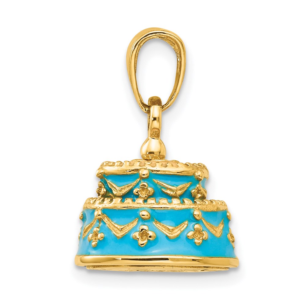14K Gelbgold 3-D aquablau emaillierter „ALLES GUTE ZUM GEBURTSTAG"-Kuchen-Anhänger